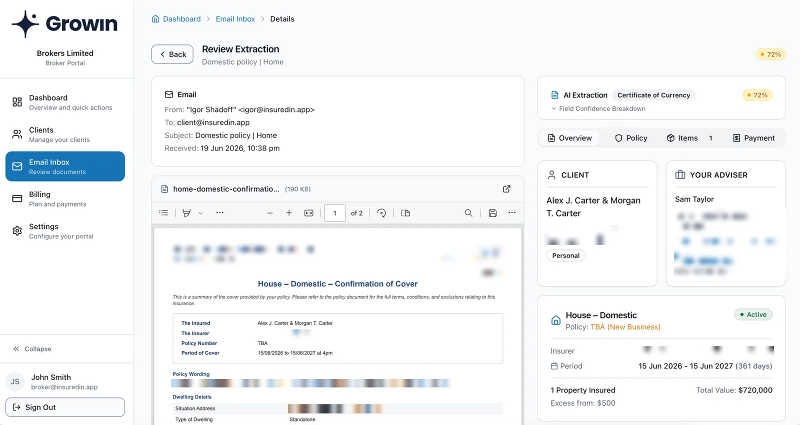 Broker-side AI review — an emailed policy PDF extracted into structured policy data with per-field confidence