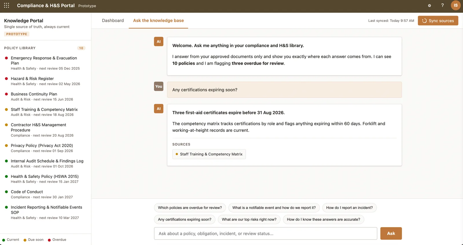 AI knowledgebase chat answering compliance questions with cited sources